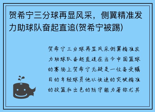 贺希宁三分球再显风采，侧翼精准发力助球队奋起直追(贺希宁被踢)