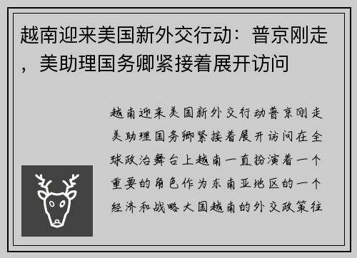 越南迎来美国新外交行动：普京刚走，美助理国务卿紧接着展开访问