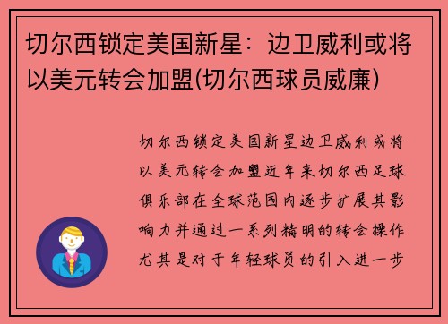 切尔西锁定美国新星：边卫威利或将以美元转会加盟(切尔西球员威廉)